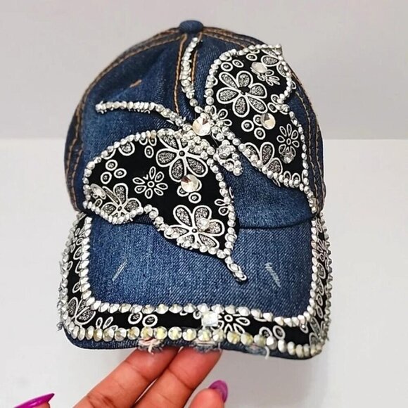 Source Unknown Accessories - Bling & Bedazzled Denim Butterfly Y2K Style Women's Hat